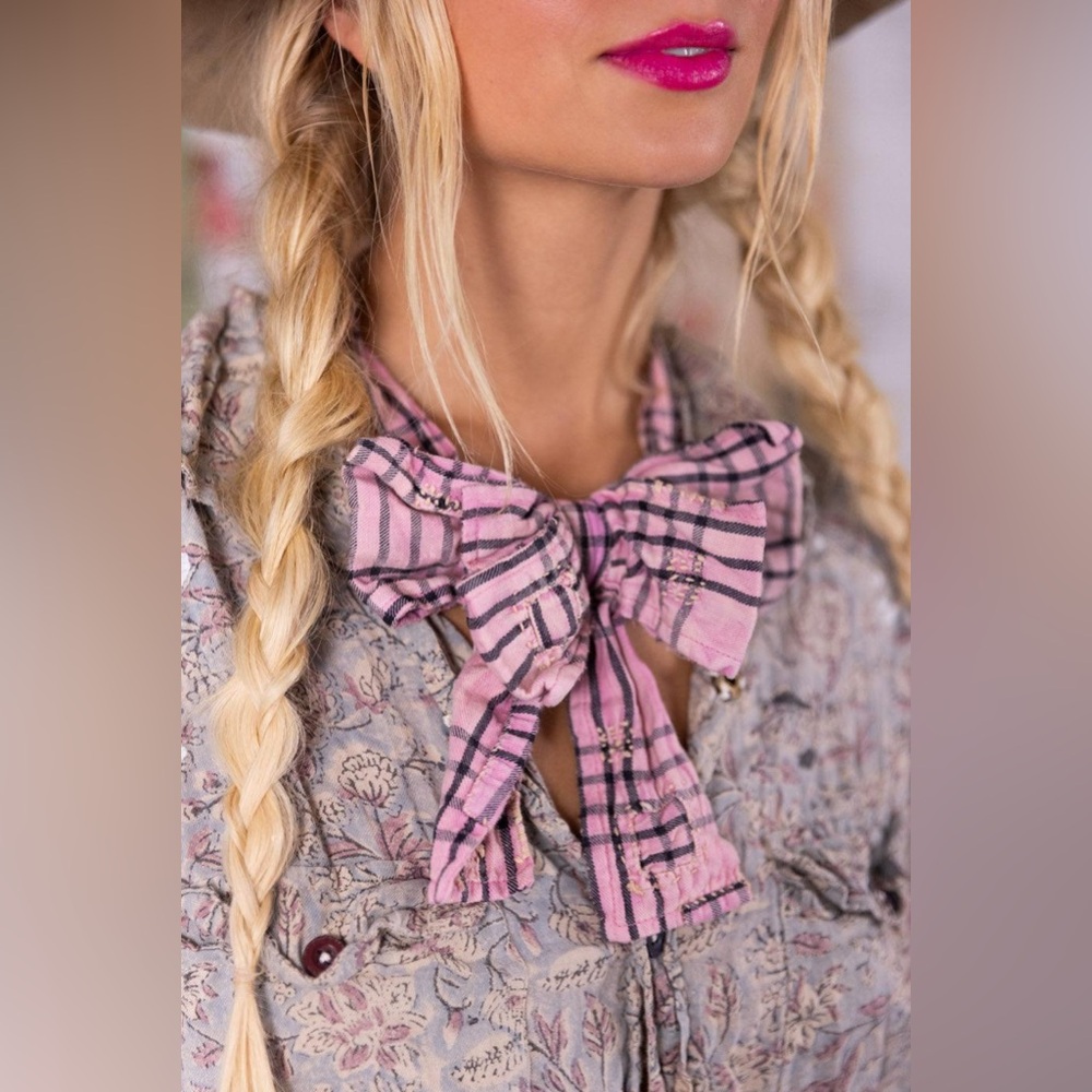 Pink Plaid Bow Neck Scarf - Women Accessories